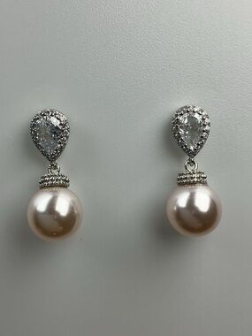 Pearl Drop Earrings CZ Teardrop Bridal Earrings Elegant Wedding Jewelry